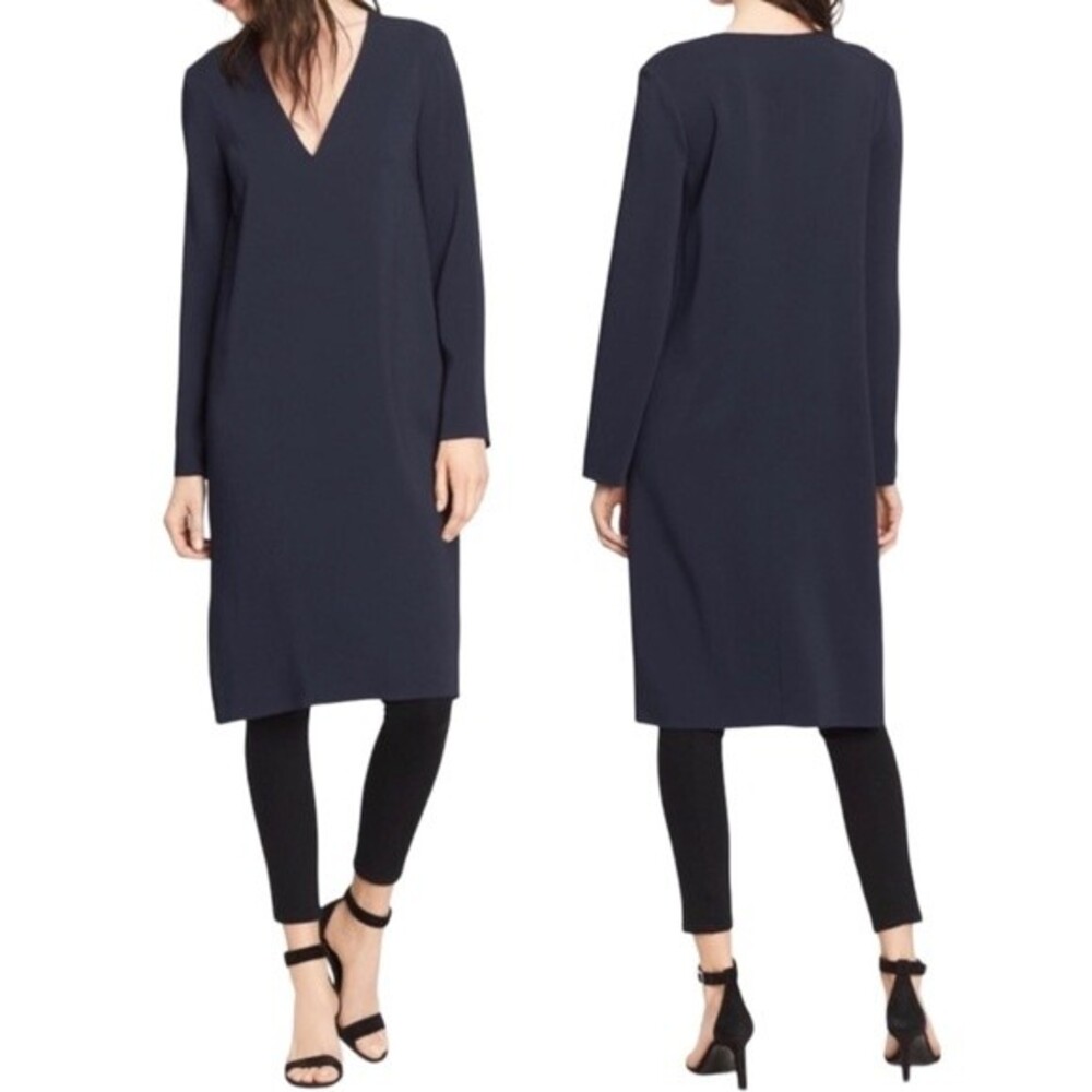 Vince Dress V-Neck Popover Long Sleeve Tunic Navy Blue Size XS Minimalist Simple